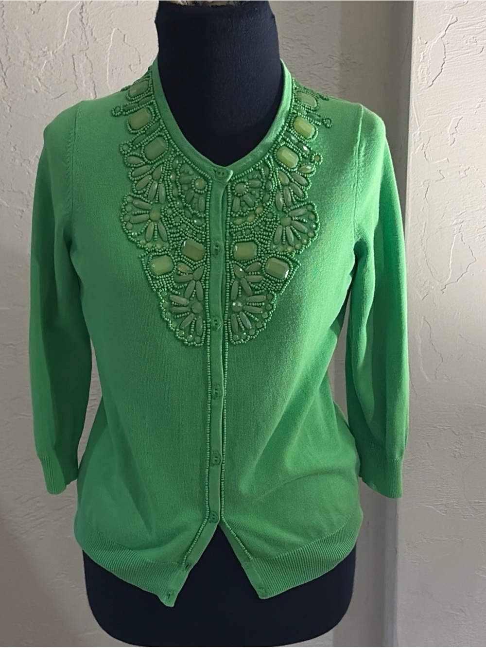 Talbots Medium Petite Cotton Blend Apple Green Beaded Knit Cardigan